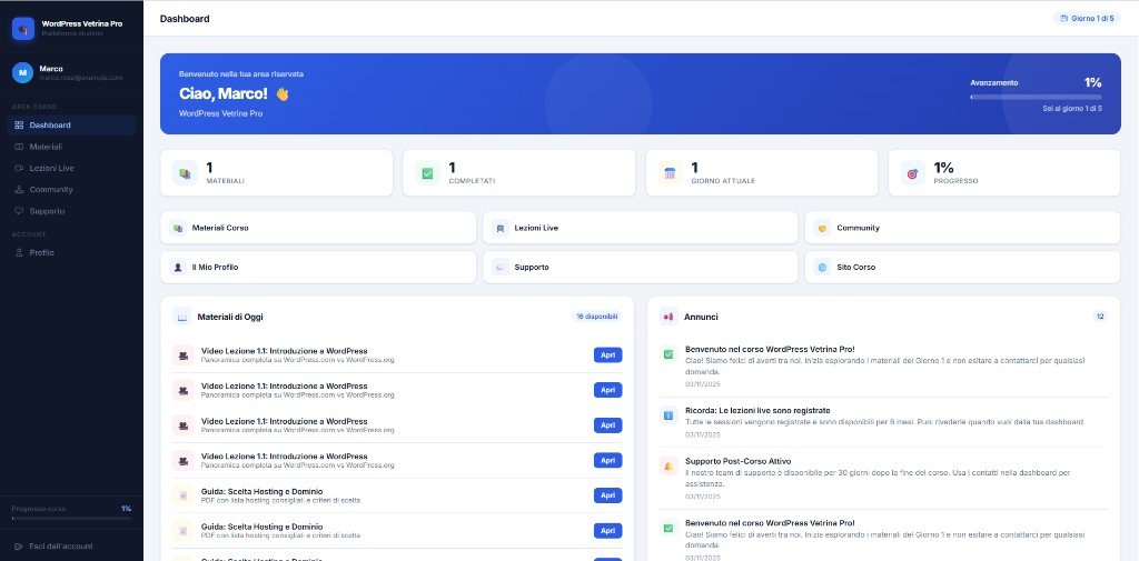Dashboard del pannello corsisti WordPress Vetrina Pro — progresso, annunci e materiali del giorno