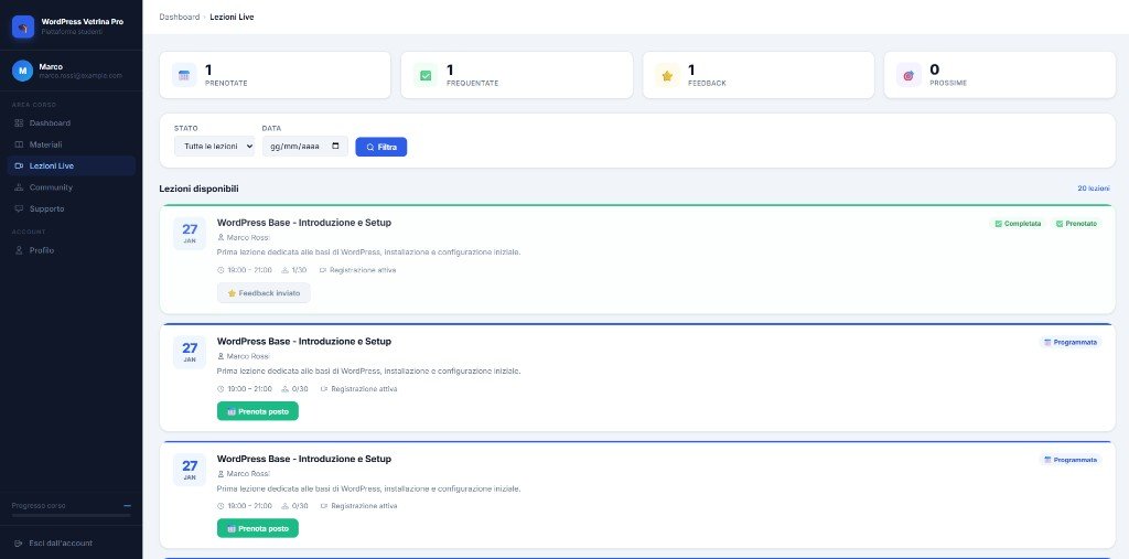 Sezione Lezioni Live del pannello corsisti — prenotazioni, sessioni programmate e registrazioni